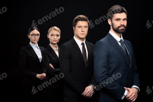Preview: side view of business people standing in row isolated on black