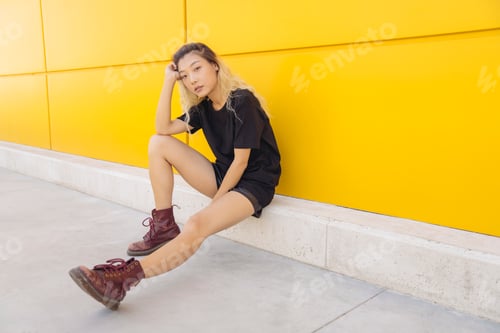 Preview: Young ethnic woman sitting near yellow wall
