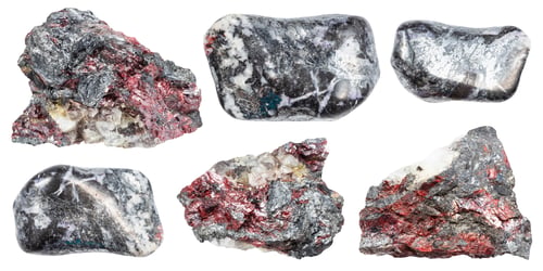 Preview: various samples of raw stibnite minerals isolated