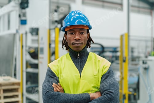 Preview: African engineer man working inside automation factory - Industry concept
