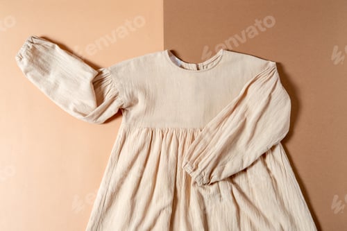 Preview: Top view flat lay linen kids dress on beige and brown background. Eco friendly kids fashion concept.