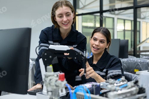 Preview: Happy female engineers team using laptop checking and operating