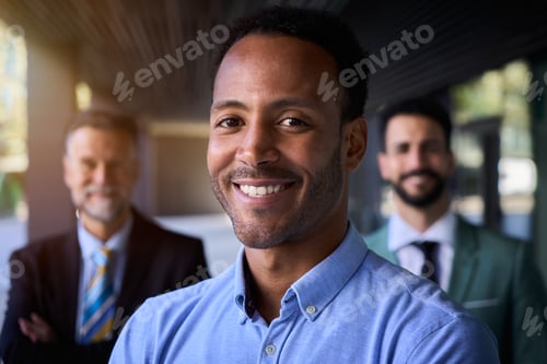Preview: Smiling American black business man in suits looking happy at camera outside office building.