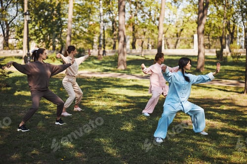 Preview: Four people doing tai chi exercises on grass outdoors