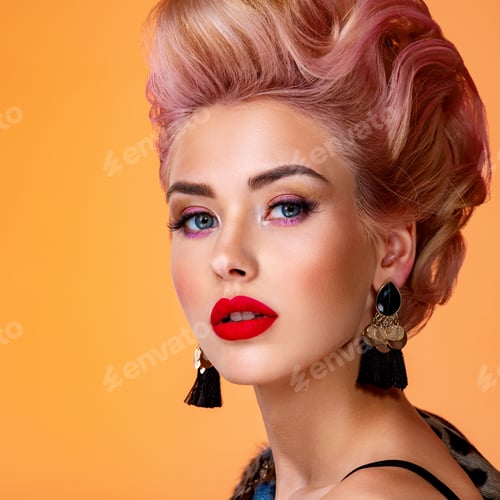 Preview: Beautiful woman with creative hairstyle, vivid makeup. Fashionable girl.