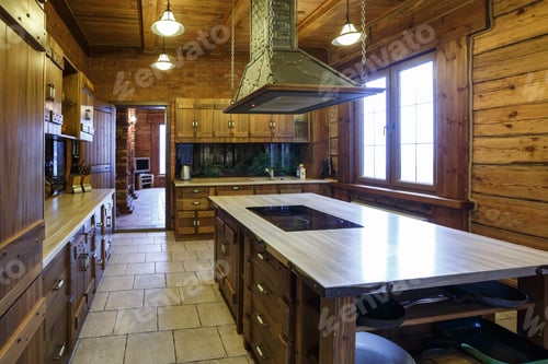 Preview: Interior of the kitchen and banquet hall in the ancient castle wood and stone