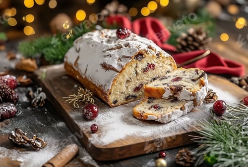 Preview: A festive loaf of Christmas stollen with powdered sugar and cranberries