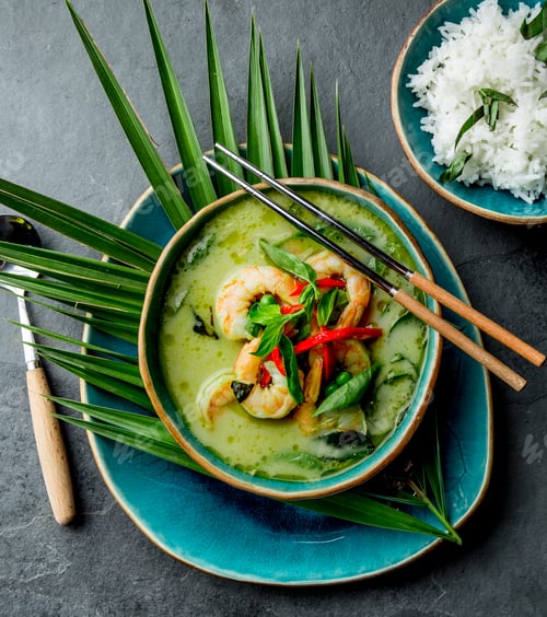 Preview: THAI SHRIMPS GREEN CURRY. Thailand tradition green curry soup with shrimps prawns and coconut milk