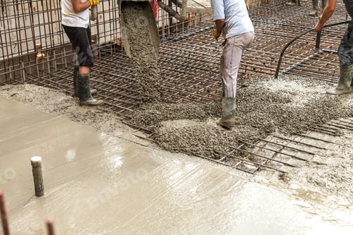 Preview: Pouring concrete into the construction of the house. Builders are pouring ready-mixed concrete