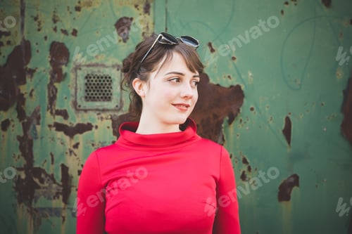 Preview: young beautiful red dressed vintage hipster woman