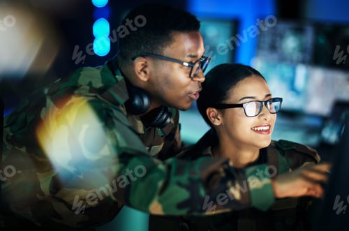 Preview: Military, surveillance and people with computer talking in office for cybersecurity, communication