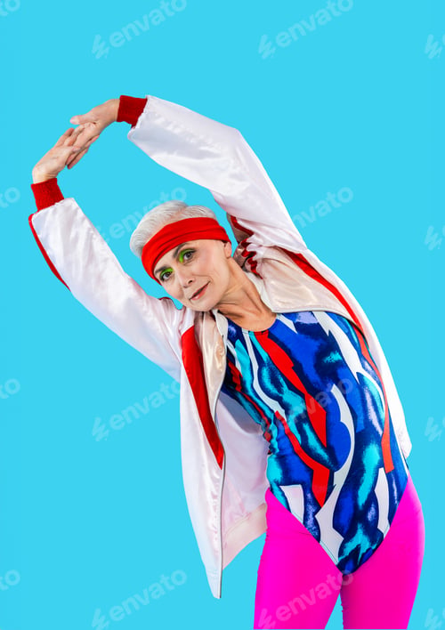 Preview: Happy and funny senior old woman on colorful background