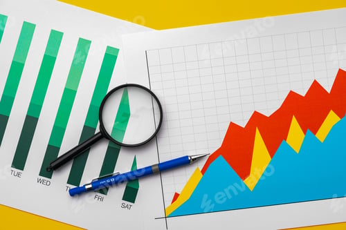 Preview: Business graphs and magnifying glass on table