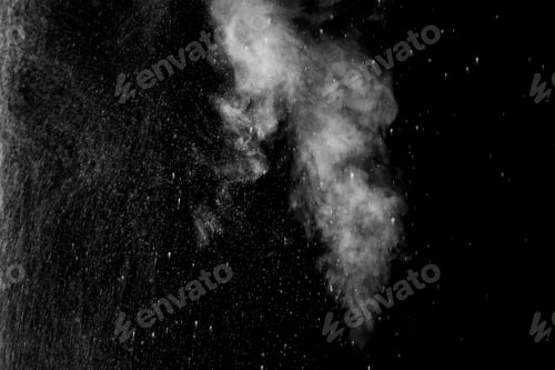 Preview: Stream of white curly steam with water drops on a black background. Splashes and drops of water