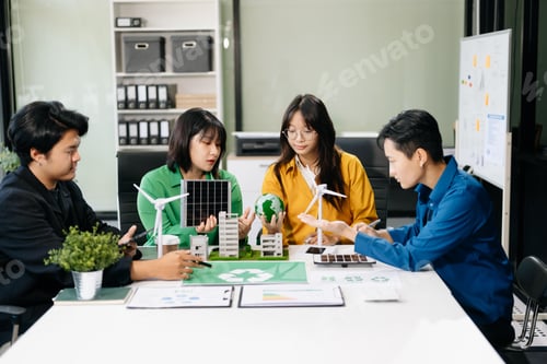Preview: Asian professionals collaborate on sustainable energy solutions with wind turbines, solar panels,