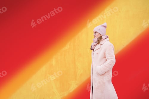 Preview: woman in pink clothes on a red background