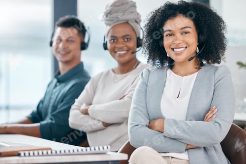 Preview: Arms crossed, call center or customer service women, man or office people in crm consulting company