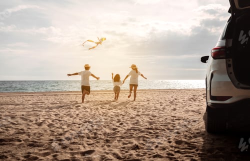 Preview: Happy Family with car travel road trip. summer vacation in car