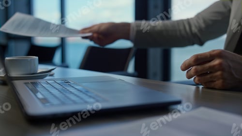 Preview: Businessman hands typing computer keyboard in ocean view office. Manager work