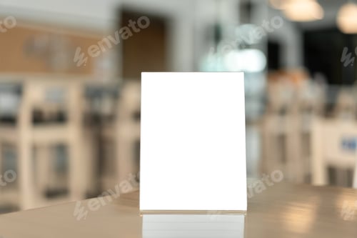 Preview: Menu frame with white blank screen on wooden table in restaurant or cafe on bokeh background