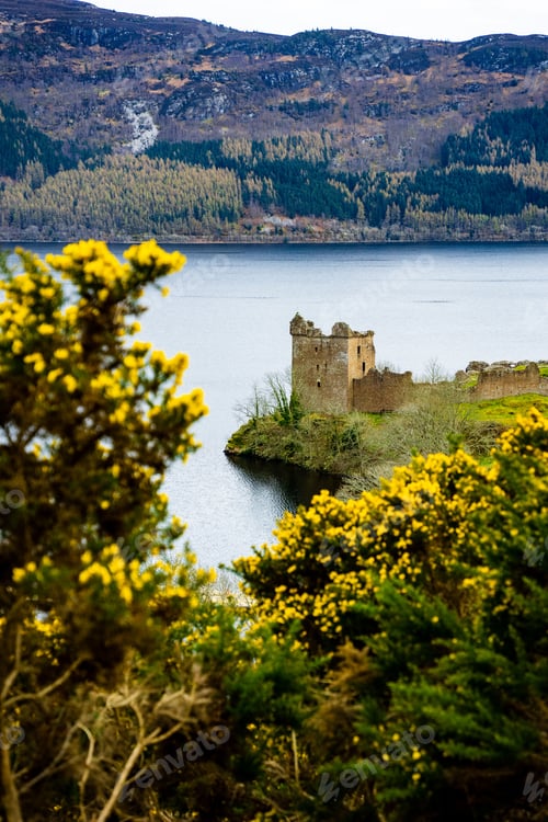 Preview: Vertical shot of the Urquhart Castle on Loch Ness in Inverness Scotland, UK