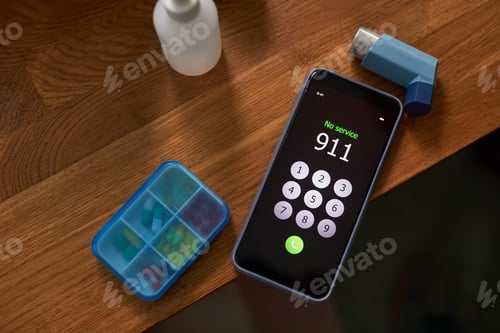 Preview: Smartphone Displaying Emergency Number near Inhaler and Medication Organizer