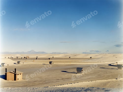 Vista previa: An open space a desert landscape, with a small cabin and sun shelters, surrounded by mountains.