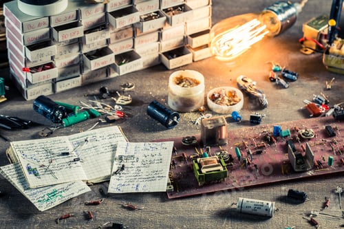Preview: Vintage electronics workshop in school lab on old wooden table