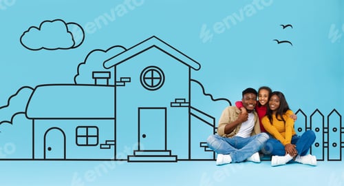 Preview: Cute Black Family Sitting in Front of Drawing of a House