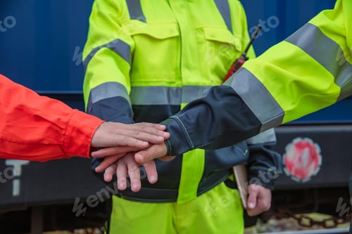 Preview: Teamwork are essential shown by hands of workers in bright safety gear coming together in unity