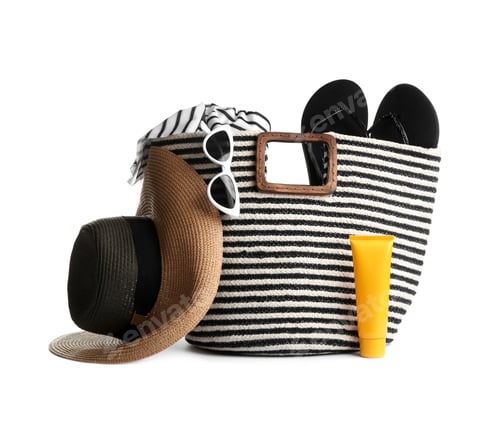 Preview: Set of beach accessories on white background