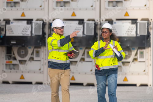 Preview: Engineers railway survey wearing safety uniform and helmet under conversation document on hand inspe
