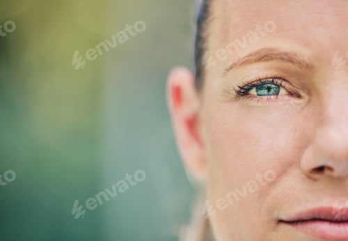 Preview: Half, face and portrait of a woman at tennis with vision, motivation and serious about a game. Mock