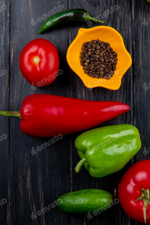Preview: top view of fresh vegetables colorful bell pepper green chili pepper cucumber tomato
