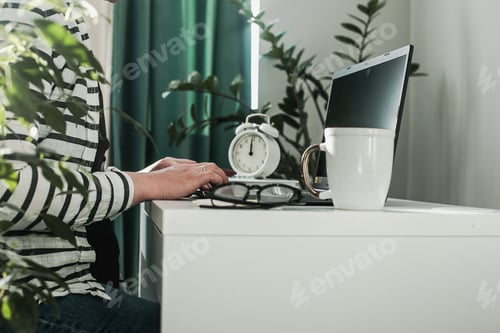 Preview: Home Office Concept. Young female freelancer working with laptop. Home interior with house plants