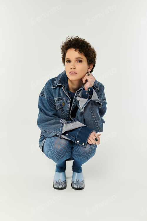 Preview: Young beautiful woman expressing her unique style in a modern fashion shoot