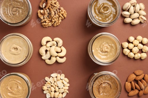 Preview: Many tasty nut butters in jars and nuts on brown table, flat lay