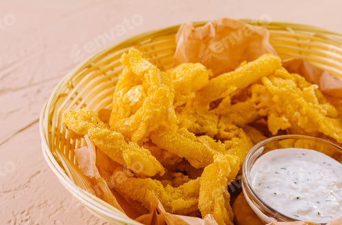 Preview: Fried onion rings in white basket