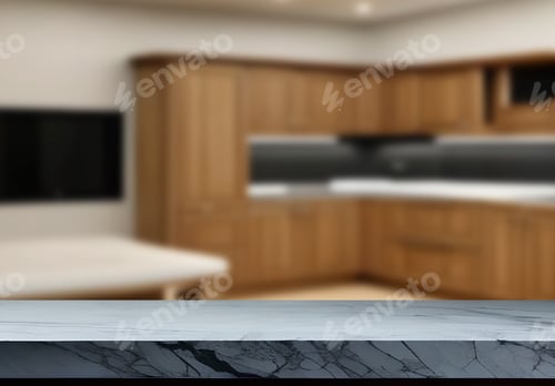 Preview: Modern Kitchen Countertop with Blurred Background.