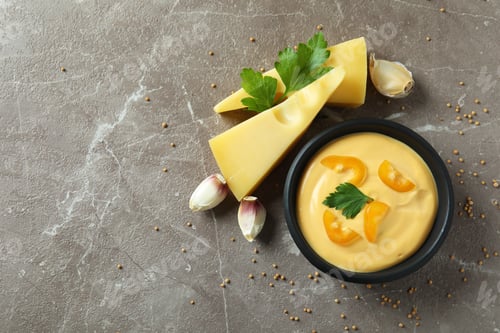 Preview: Bowl of cheese sauce and ingredients on gray textured table