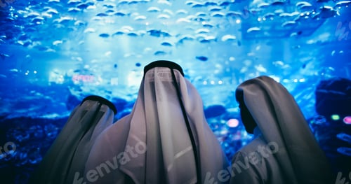 Preview: Three men wearing traditional Arab dress looking at a tank full of fish in an aquarium.