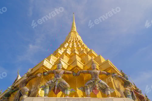 Preview: Golden pagoda at Temple of the Emerald Buddha in Bangkok, Thailand. Wat Phra Kaew and Grand palace