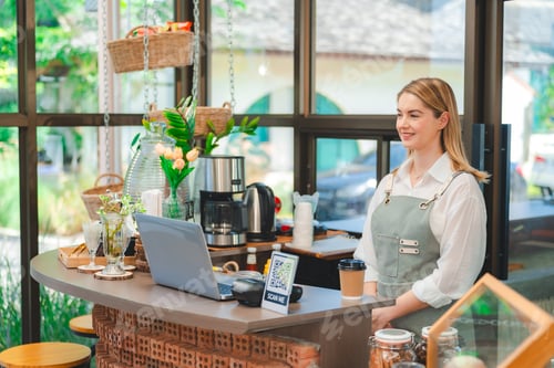 Preview: Smiling waitress wear apron take order talk to clients serving restaurant guests choosing food menu
