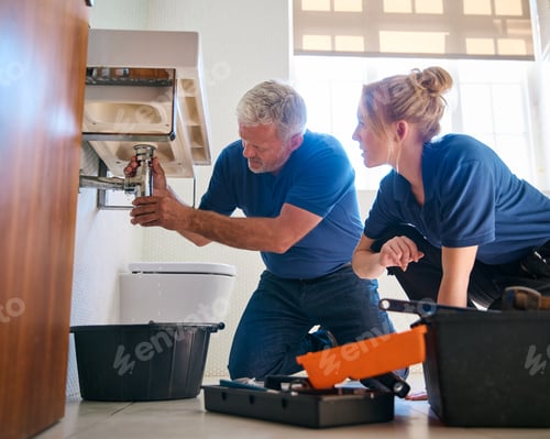 Preview: Male Plumber Fixing Leak In Domestic Bathroom Sink With Female Trainee Holding Digital Tablet