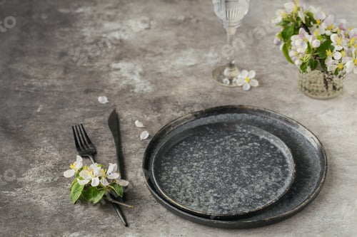 Preview: Place table setting with blossoming apple tree branches and flowers