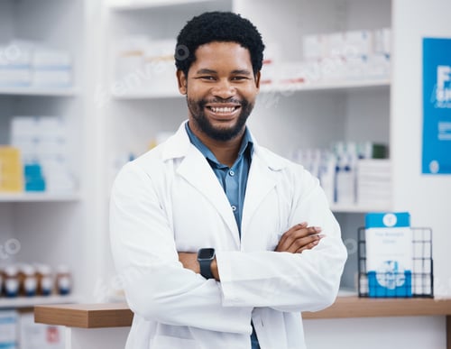 Preview: Pharmacist, black man or arms crossed in portrait, medicine trust or about us healthcare in medical