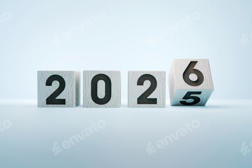 Preview: Wooden cubes displaying numbers 2025 and 2026, representing the New Year, time change, future goals