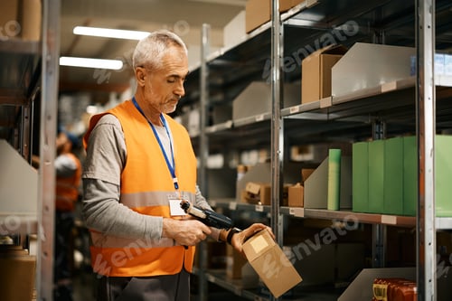 Preview: Mature worker scanning labels on cardboard boxes at distribution warehouse.