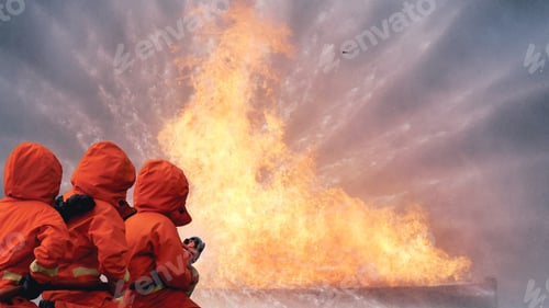 Preview: Firefighter Rescue team training in fire fighting extinguisher. Firefighter teamwork fighting