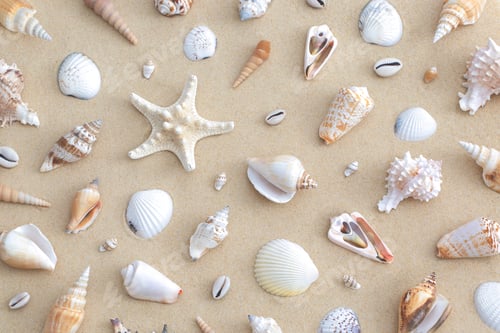 Preview: Pattern composition of seashells on beach sand. Top view. Flat lay.